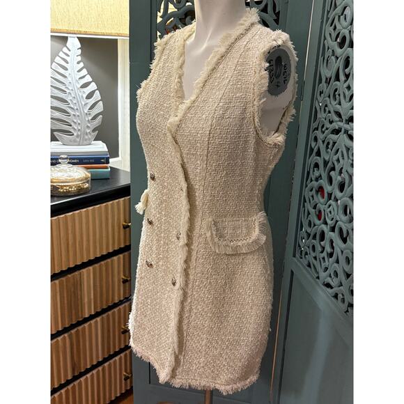 NEW Trixxi Ivory Fringe-Gold Trim Boucle Sleeveless Tweed Wrap Dress Junior Sz L - Picture 3 of 7